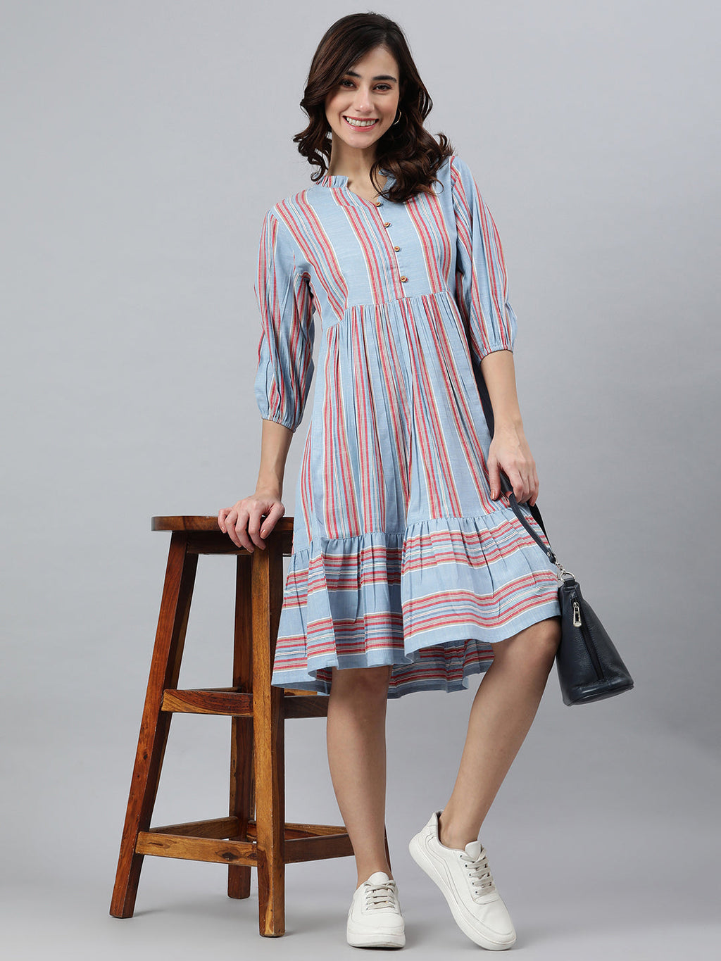 Janasya Women's Sky Blue Cotton Blend Striped Flared Western Dress | Grocsy