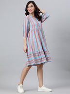 Janasya Women's Sky Blue Cotton Blend Striped Flared Western Dress | Grocsy