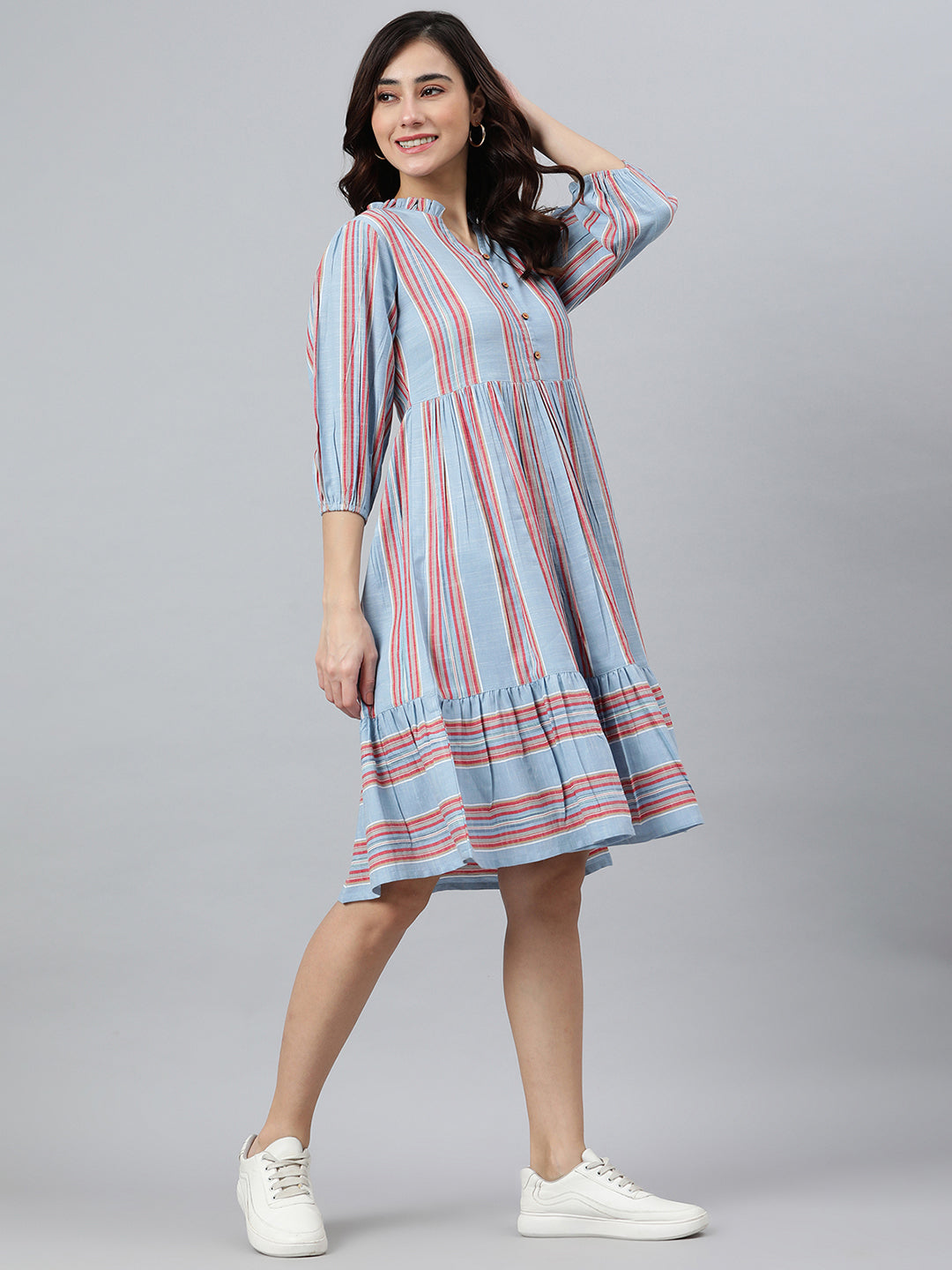 Janasya Women's Sky Blue Cotton Blend Striped Flared Western Dress | Grocsy
