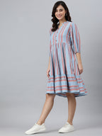 Janasya Women's Sky Blue Cotton Blend Striped Flared Western Dress | Grocsy