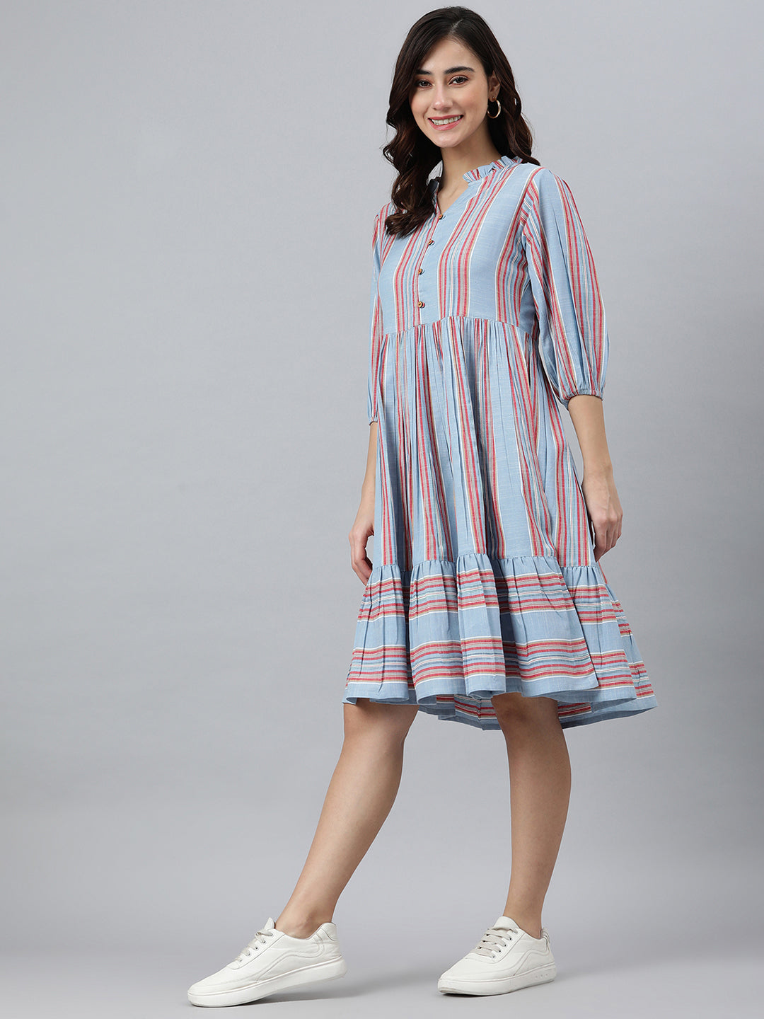 Janasya Women's Sky Blue Cotton Blend Striped Flared Western Dress | Grocsy
