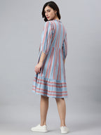 Janasya Women's Sky Blue Cotton Blend Striped Flared Western Dress | Grocsy