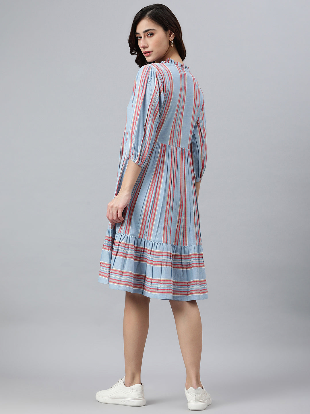 Janasya Women's Sky Blue Cotton Blend Striped Flared Western Dress | Grocsy