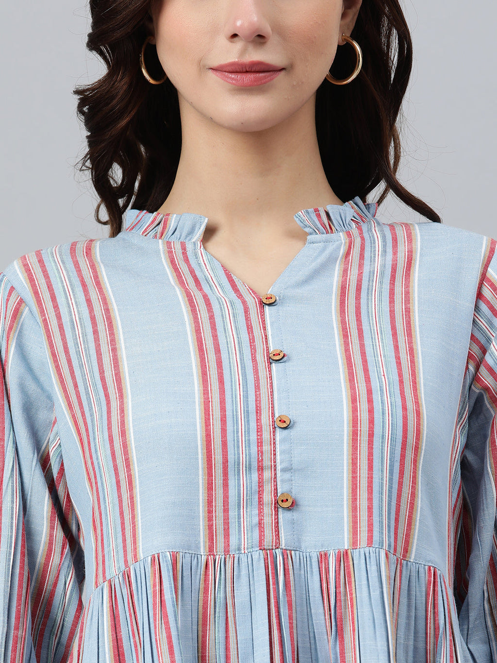 Janasya Women's Sky Blue Cotton Blend Striped Flared Western Dress | Grocsy