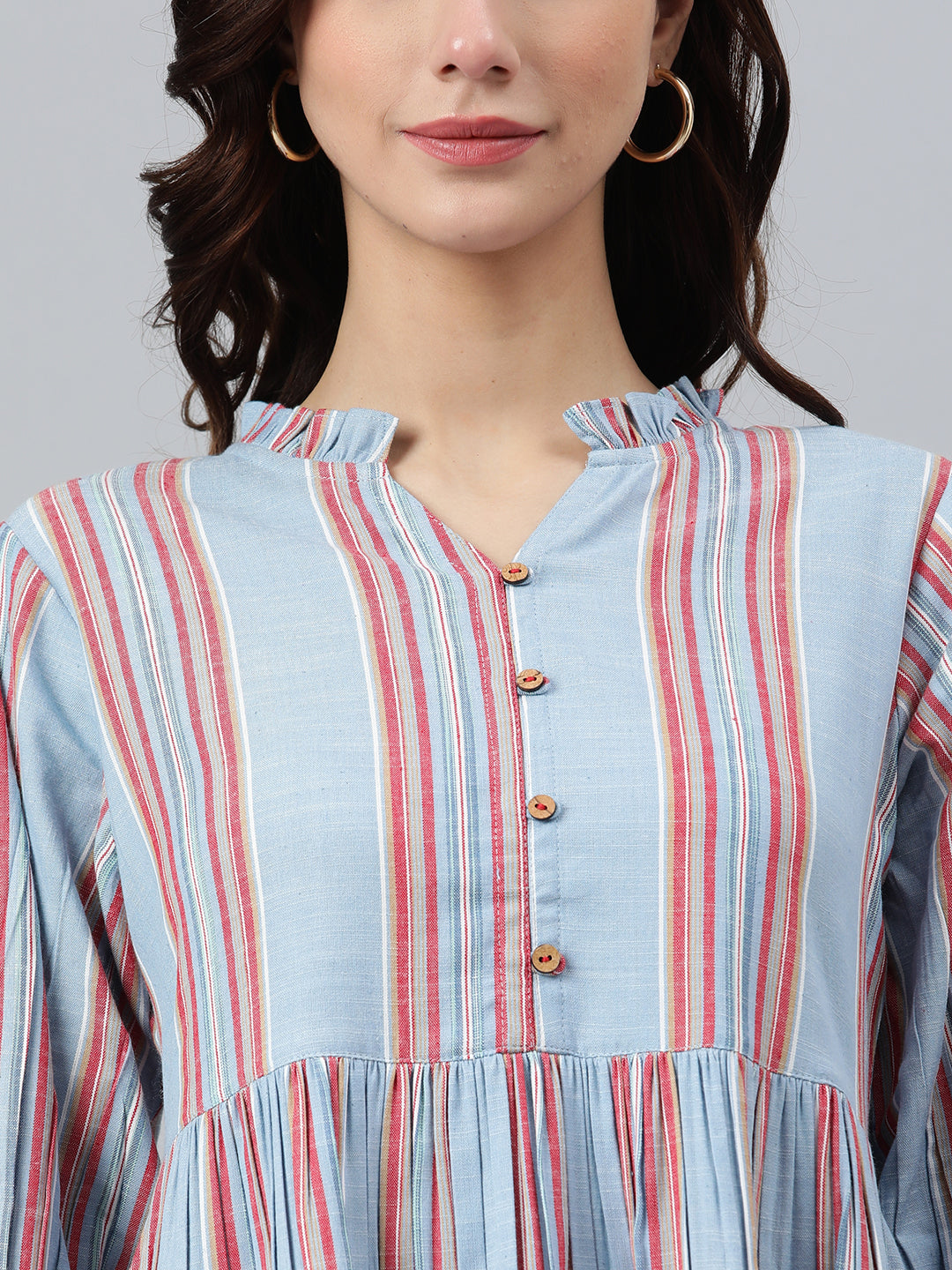 Janasya Women's Sky Blue Cotton Blend Striped Flared Western Dress | Grocsy