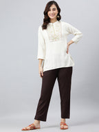 Janasya Women's Cream Rayon Slub Embroidered A-Line Top | Grocsy