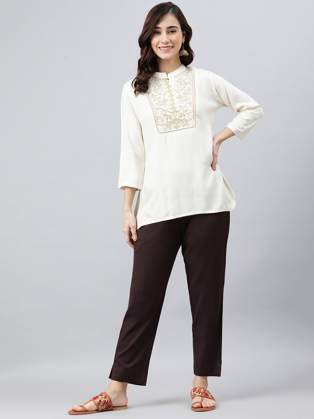 Janasya Women's Cream Rayon Slub Embroidered A-Line Top | Grocsy