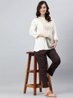 Janasya Women's Cream Rayon Slub Embroidered A-Line Top | Grocsy