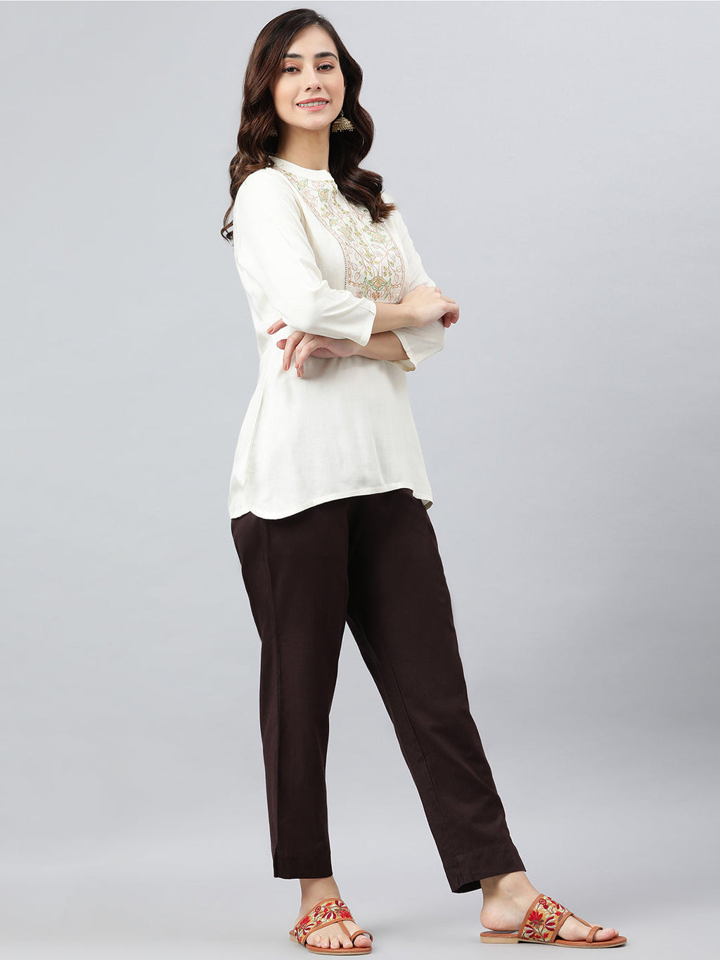Janasya Women's Cream Rayon Slub Embroidered A-Line Top | Grocsy