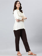 Janasya Women's Cream Rayon Slub Embroidered A-Line Top | Grocsy