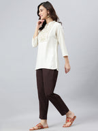 Janasya Women's Cream Rayon Slub Embroidered A-Line Top | Grocsy
