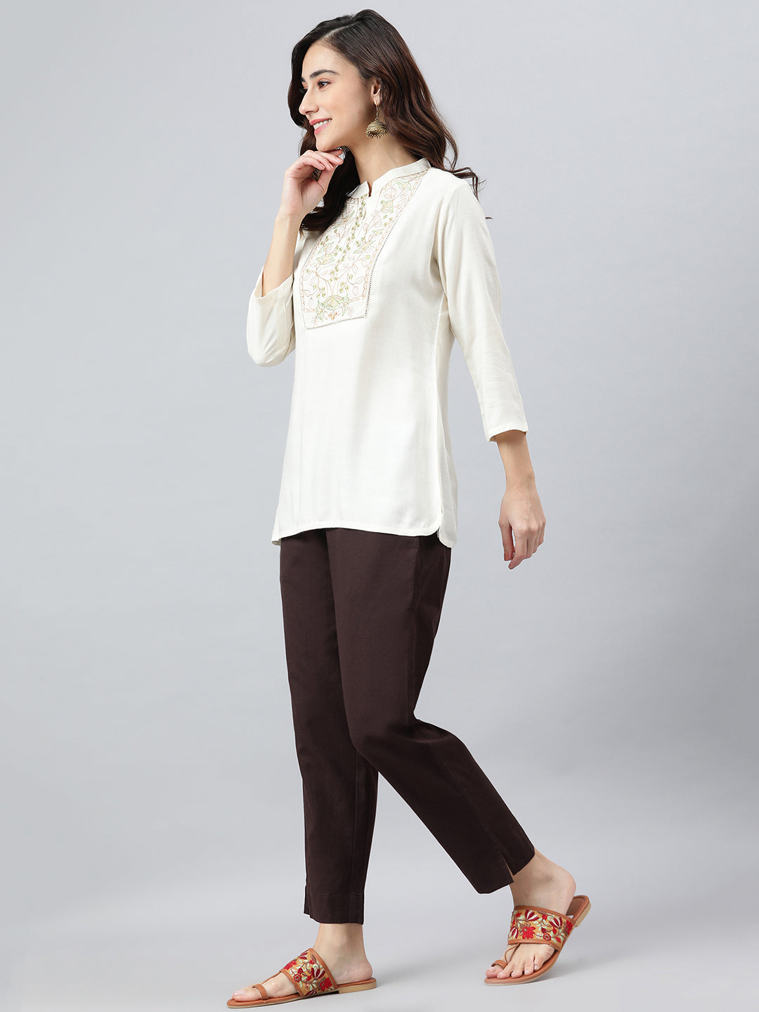 Janasya Women's Cream Rayon Slub Embroidered A-Line Top | Grocsy