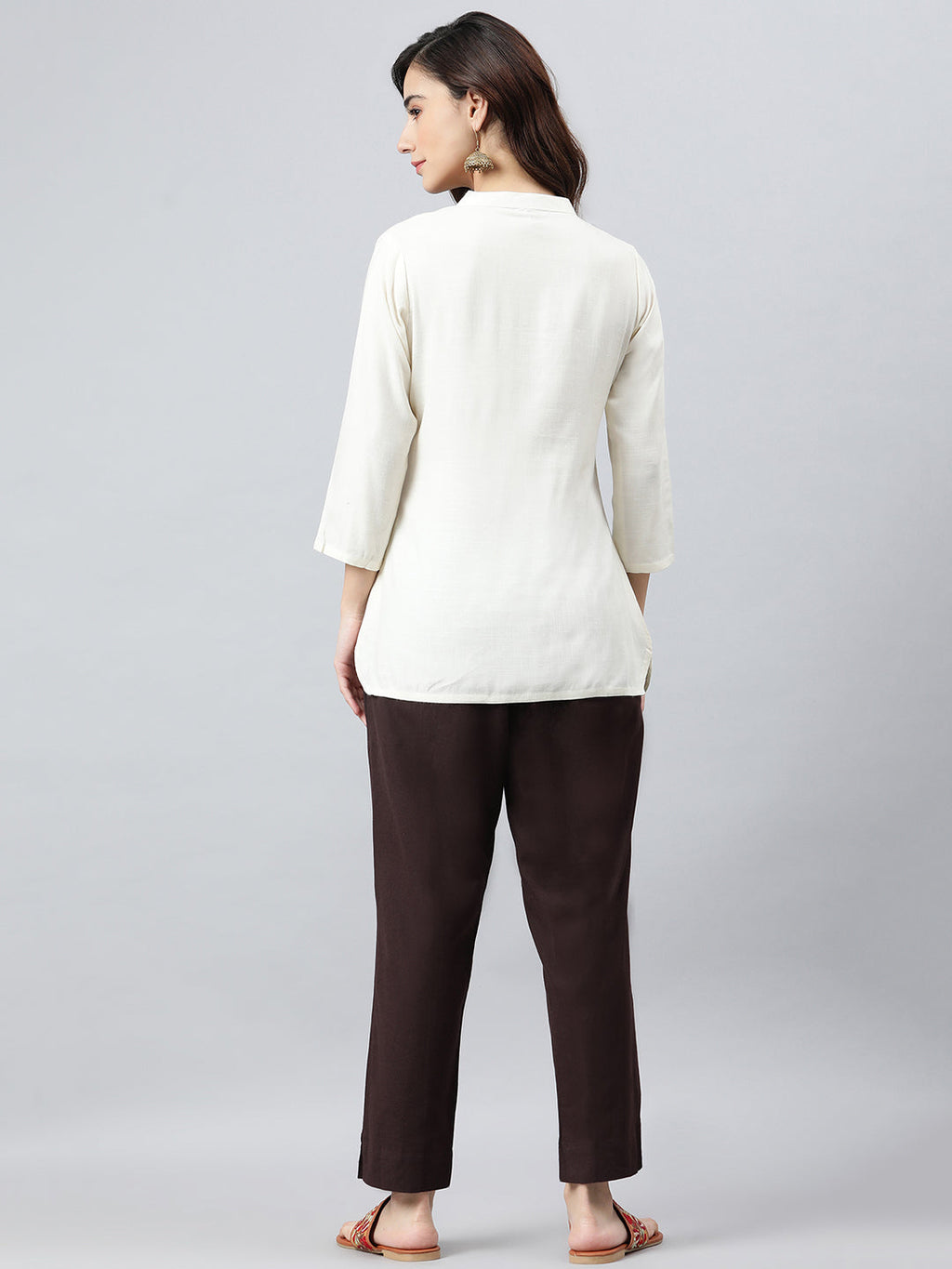 Janasya Women's Cream Rayon Slub Embroidered A-Line Top | Grocsy