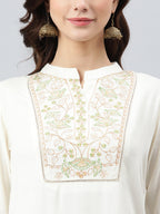 Janasya Women's Cream Rayon Slub Embroidered A-Line Top | Grocsy
