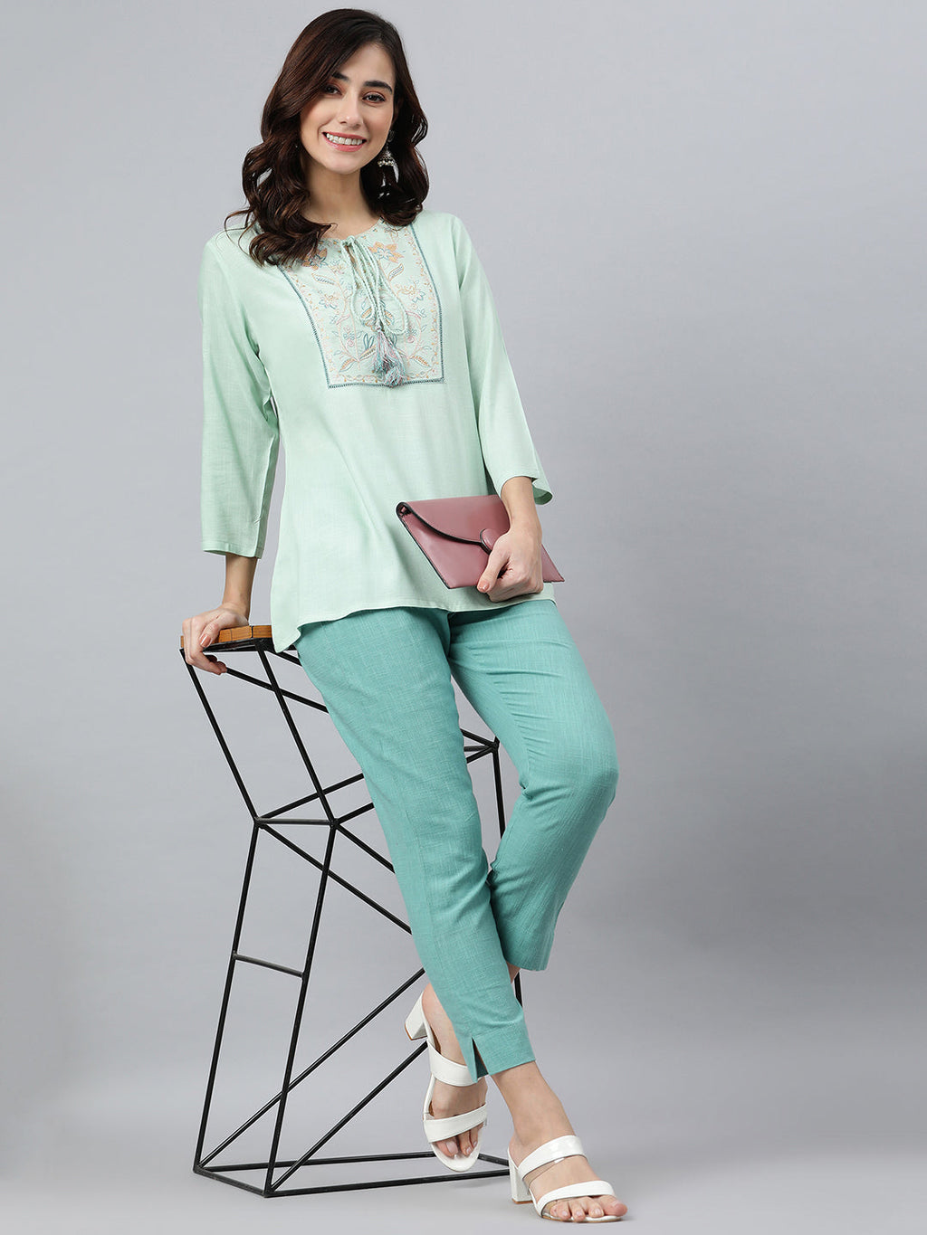 Janasya Women's Light Green Rayon Slub Embroidered A-Line Top | Grocsy