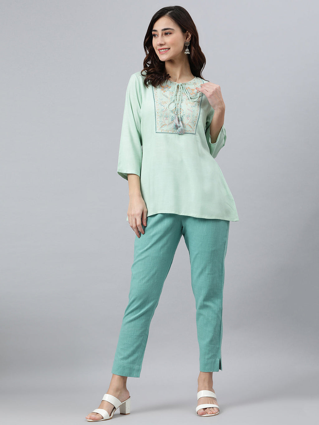 Janasya Women's Light Green Rayon Slub Embroidered A-Line Top | Grocsy