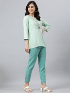 Janasya Women's Light Green Rayon Slub Embroidered A-Line Top | Grocsy