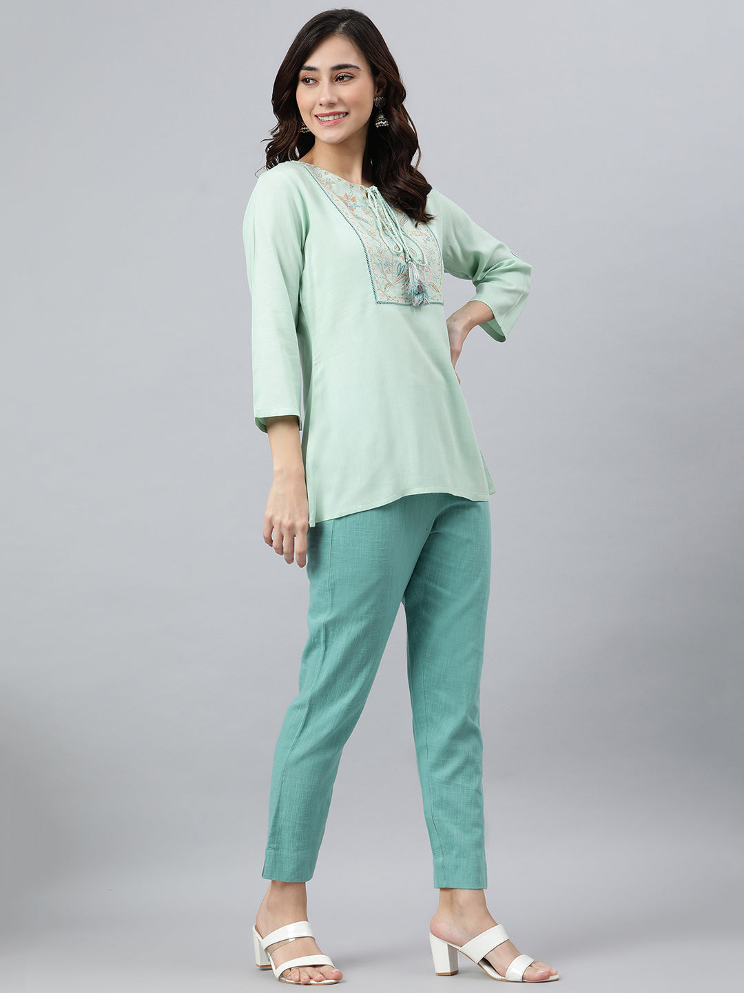 Janasya Women's Light Green Rayon Slub Embroidered A-Line Top | Grocsy