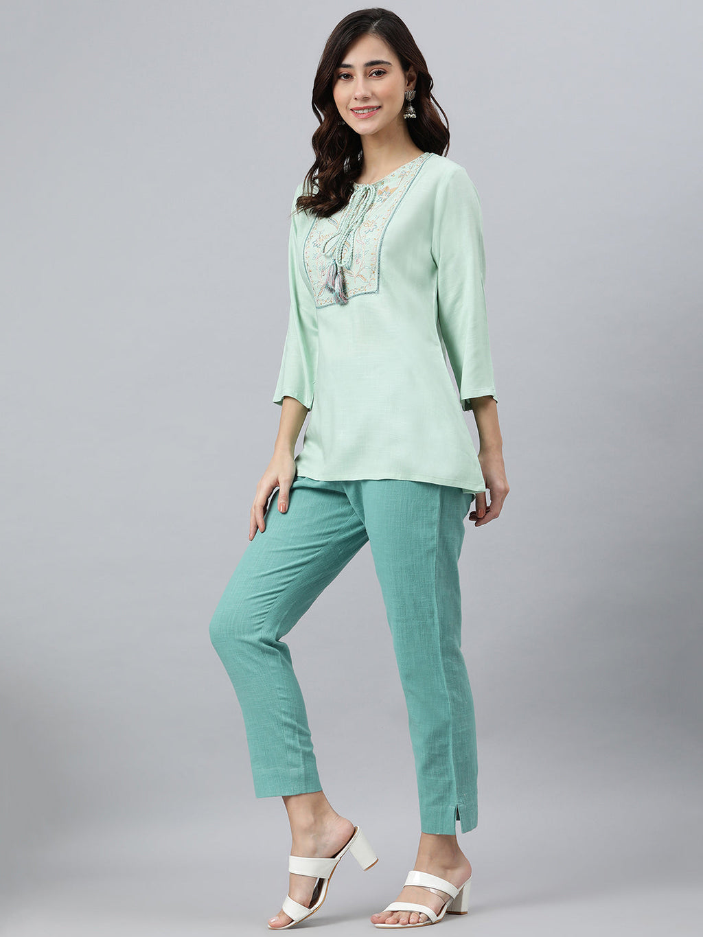 Janasya Women's Light Green Rayon Slub Embroidered A-Line Top | Grocsy