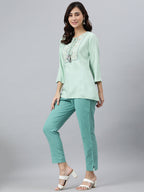 Janasya Women's Light Green Rayon Slub Embroidered A-Line Top | Grocsy