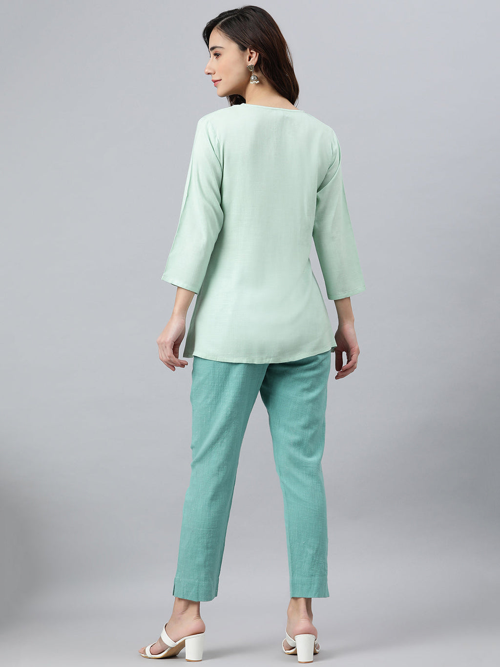 Janasya Women's Light Green Rayon Slub Embroidered A-Line Top | Grocsy