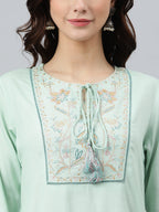 Janasya Women's Light Green Rayon Slub Embroidered A-Line Top | Grocsy