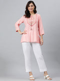 Janasya Women's Light Pink Rayon Slub Embroidered A-Line Top | Grocsy