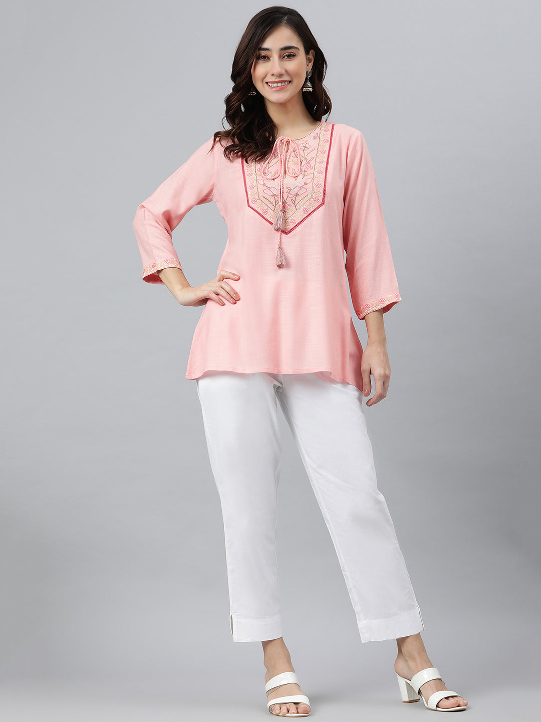 Janasya Women's Light Pink Rayon Slub Embroidered A-Line Top | Grocsy