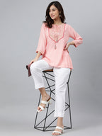 Janasya Women's Light Pink Rayon Slub Embroidered A-Line Top | Grocsy