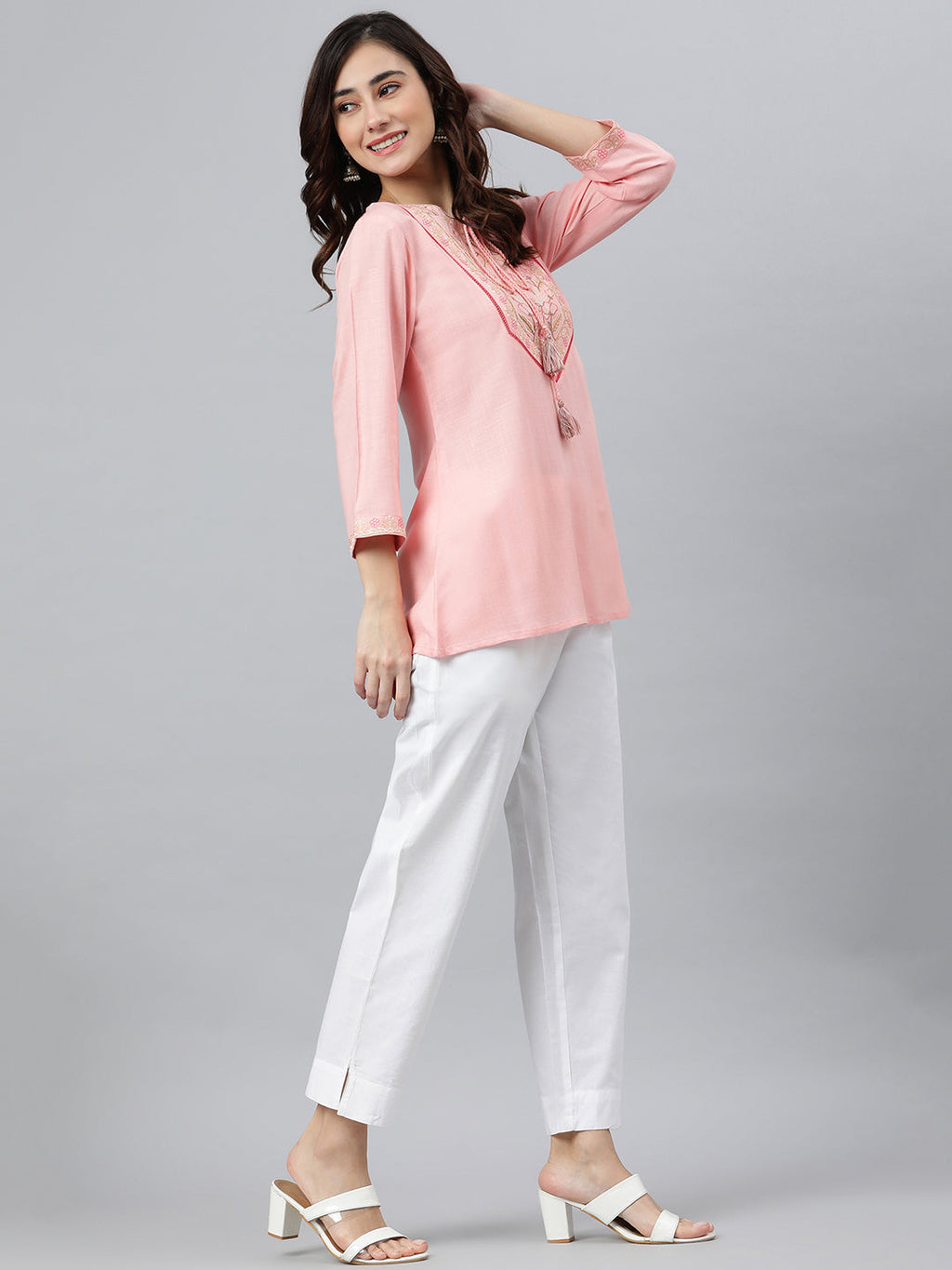Janasya Women's Light Pink Rayon Slub Embroidered A-Line Top | Grocsy