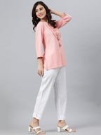 Janasya Women's Light Pink Rayon Slub Embroidered A-Line Top | Grocsy
