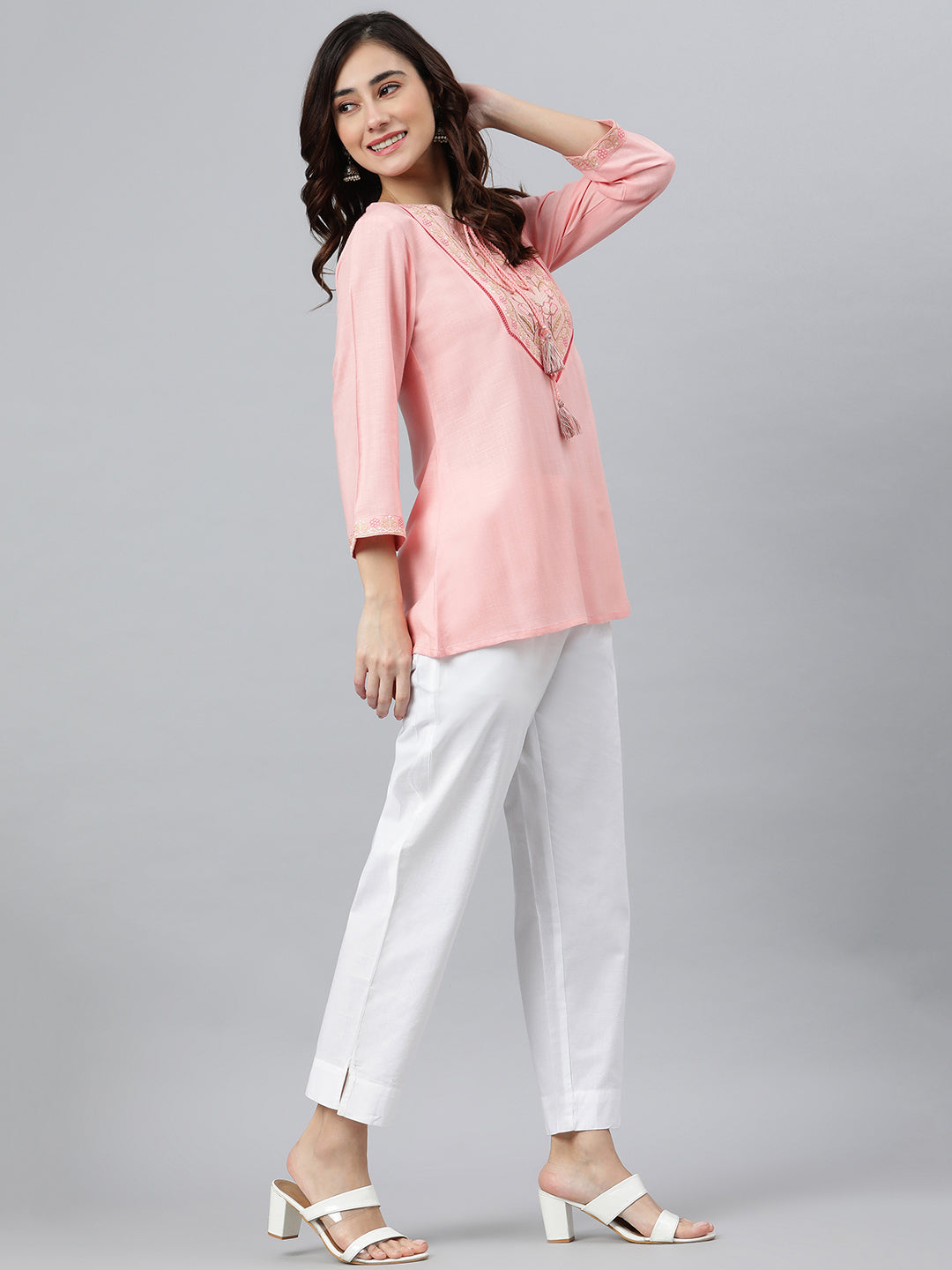 Janasya Women's Light Pink Rayon Slub Embroidered A-Line Top | Grocsy