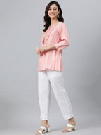 Janasya Women's Light Pink Rayon Slub Embroidered A-Line Top | Grocsy