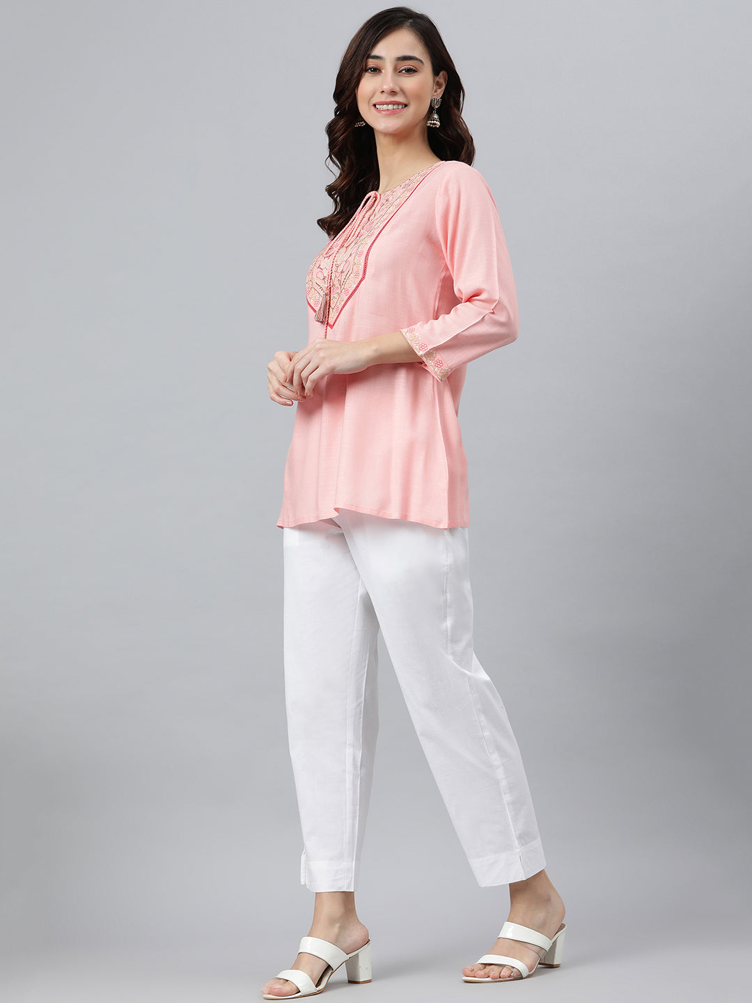 Janasya Women's Light Pink Rayon Slub Embroidered A-Line Top | Grocsy