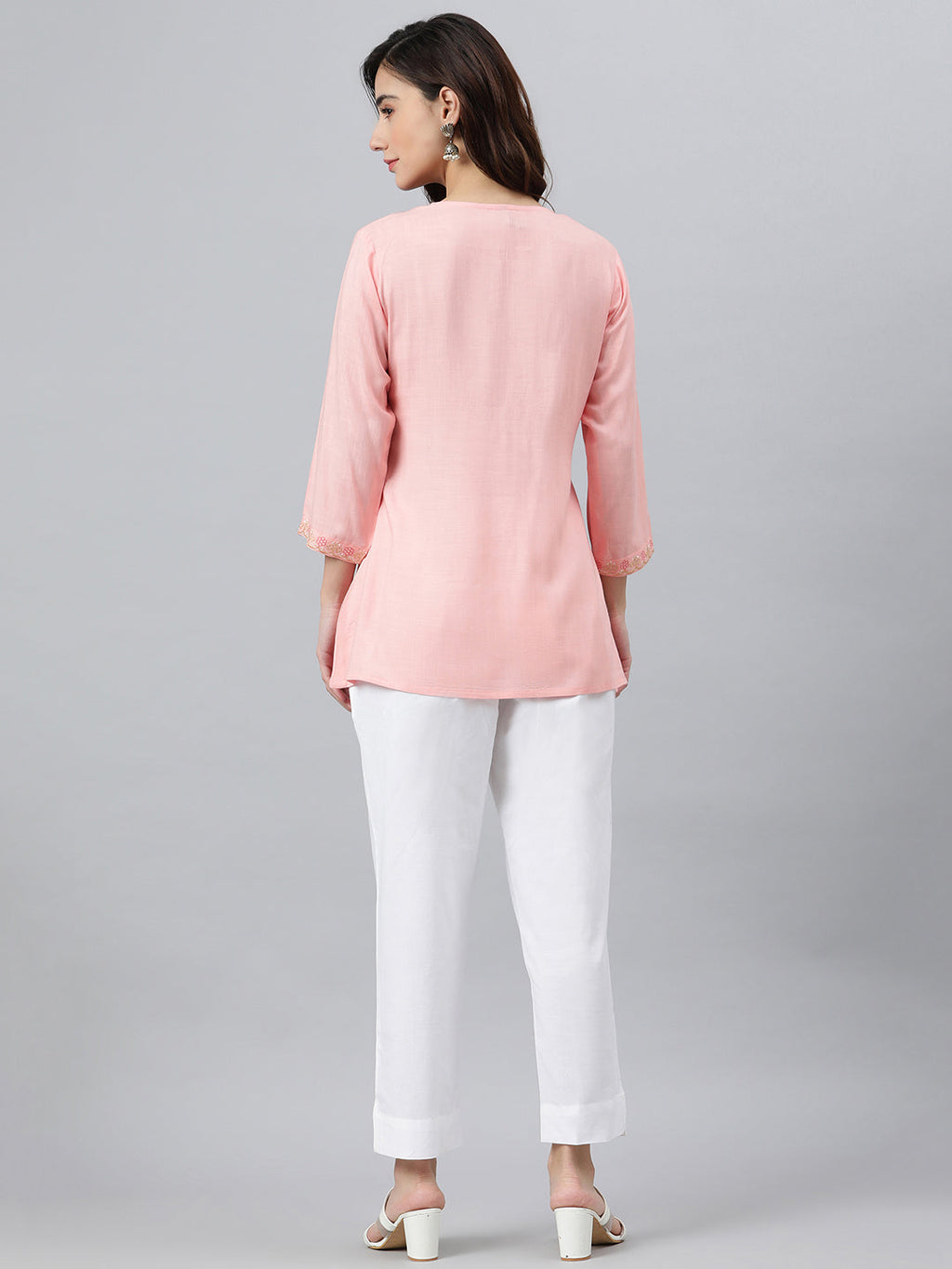 Janasya Women's Light Pink Rayon Slub Embroidered A-Line Top | Grocsy