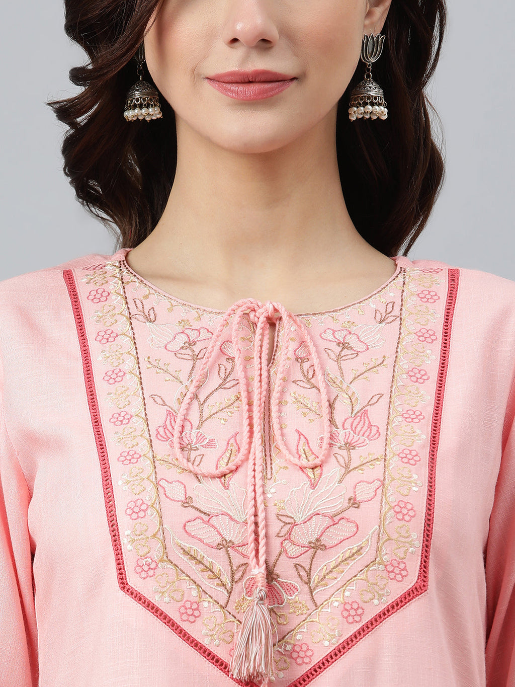 Janasya Women's Light Pink Rayon Slub Embroidered A-Line Top | Grocsy