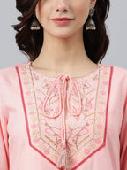 Janasya Women's Light Pink Rayon Slub Embroidered A-Line Top | Grocsy