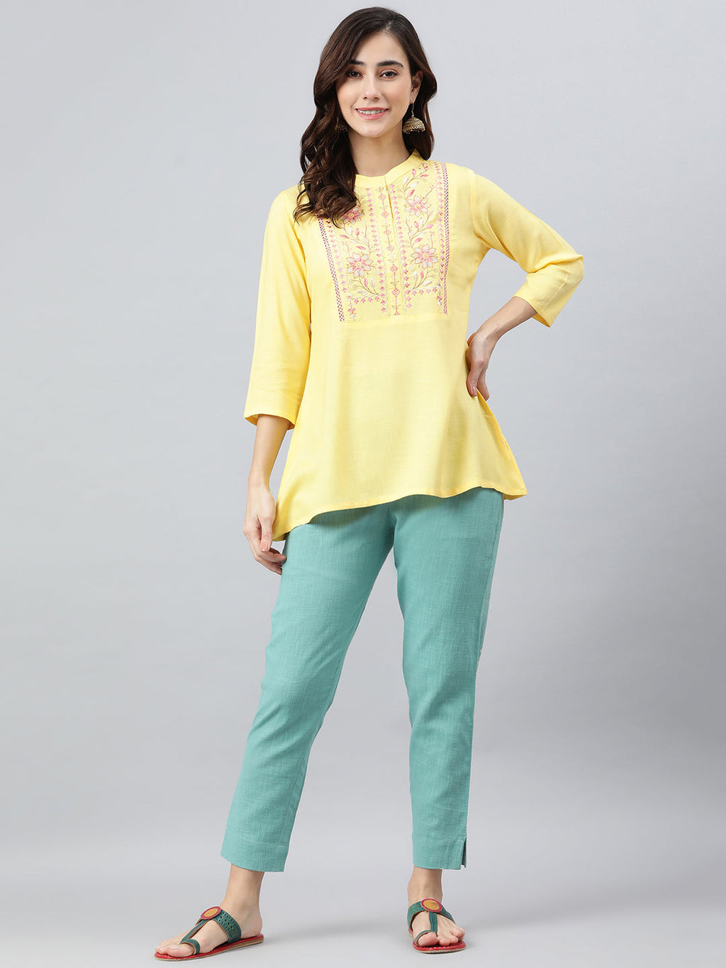 Janasya Women's Yellow Rayon Slub Embroidered A-Line Top | Grocsy