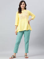 Janasya Women's Yellow Rayon Slub Embroidered A-Line Top | Grocsy