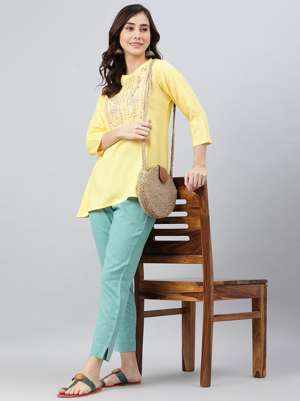 Janasya Women's Yellow Rayon Slub Embroidered A-Line Top | Grocsy