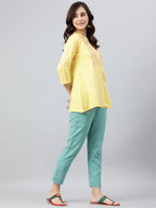 Janasya Women's Yellow Rayon Slub Embroidered A-Line Top | Grocsy