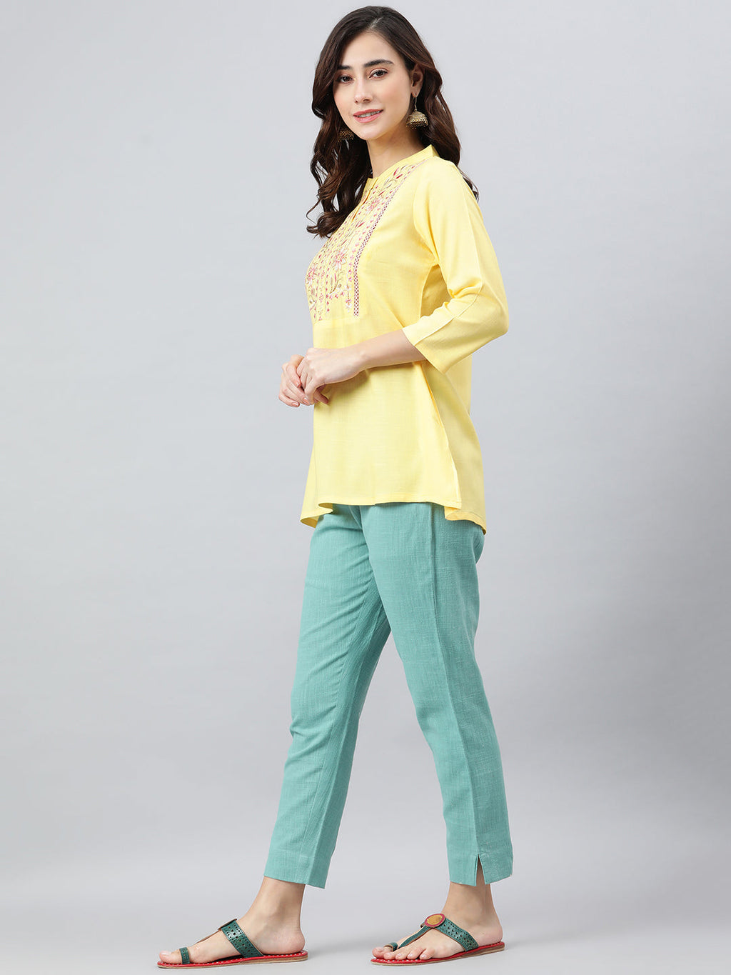 Janasya Women's Yellow Rayon Slub Embroidered A-Line Top | Grocsy