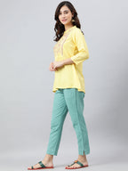 Janasya Women's Yellow Rayon Slub Embroidered A-Line Top | Grocsy