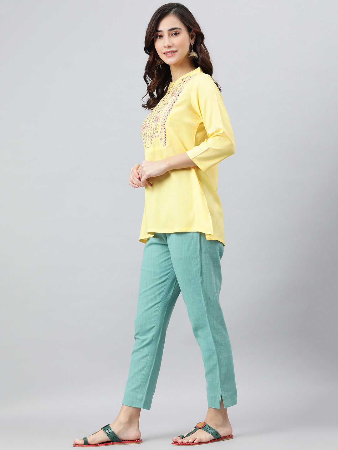 Janasya Women's Yellow Rayon Slub Embroidered A-Line Top | Grocsy