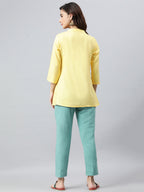 Janasya Women's Yellow Rayon Slub Embroidered A-Line Top | Grocsy