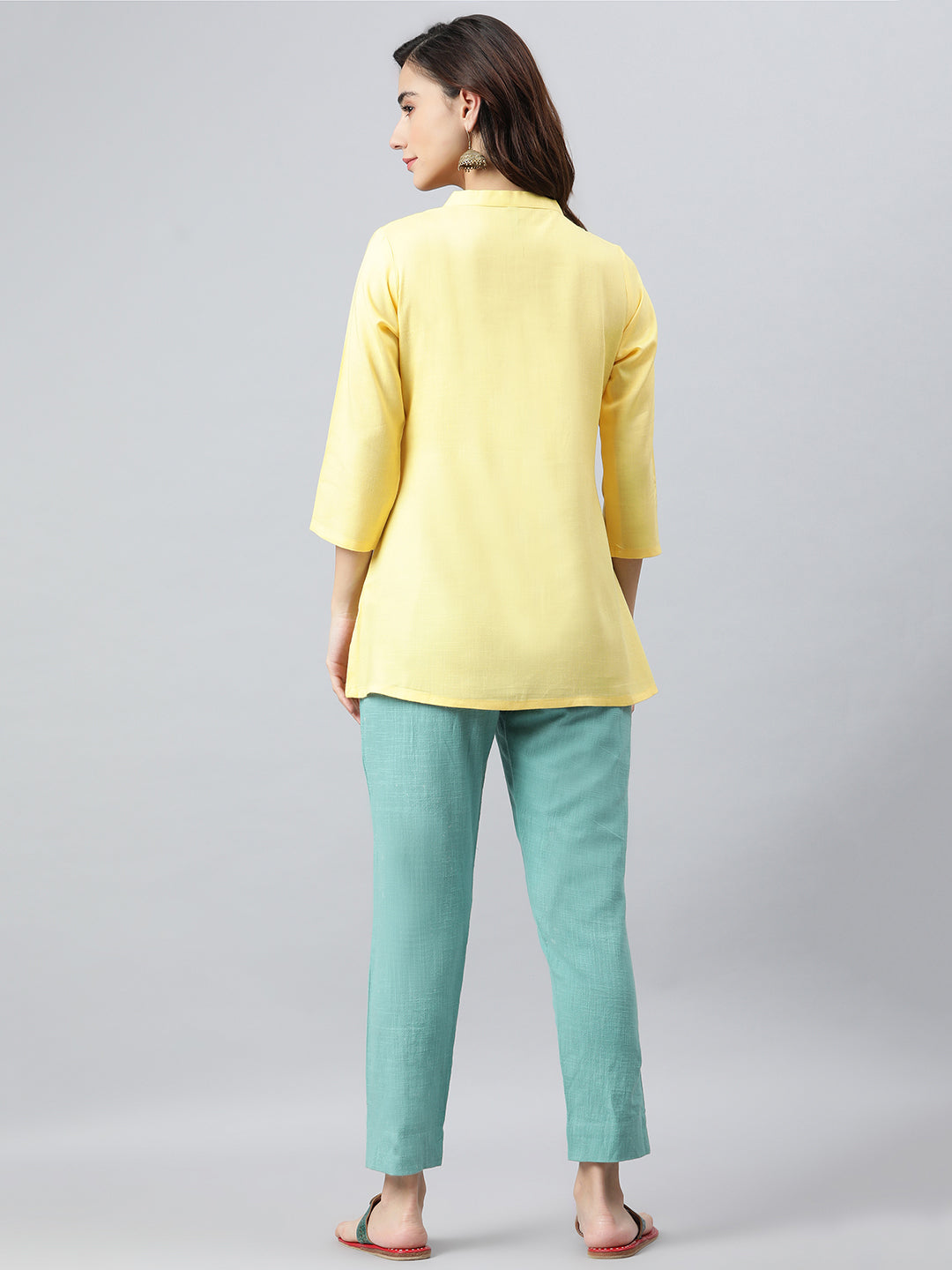 Janasya Women's Yellow Rayon Slub Embroidered A-Line Top | Grocsy