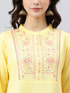 Janasya Women's Yellow Rayon Slub Embroidered A-Line Top | Grocsy