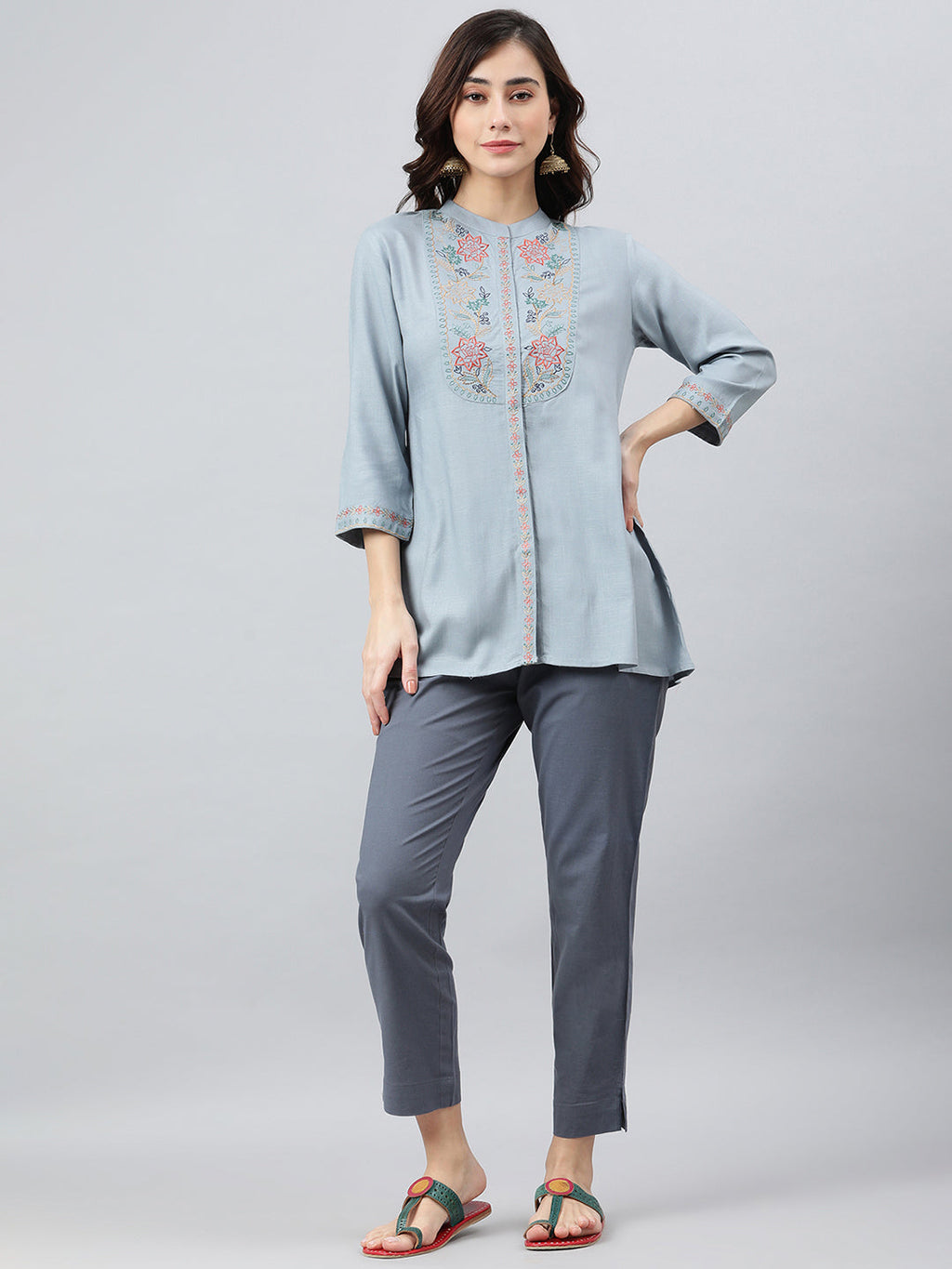 Janasya Women's Blue Rayon Slub Embroidered A-Line Top | Grocsy