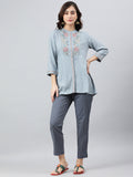 Janasya Women's Blue Rayon Slub Embroidered A-Line Top | Grocsy
