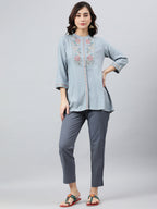 Janasya Women's Blue Rayon Slub Embroidered A-Line Top | Grocsy